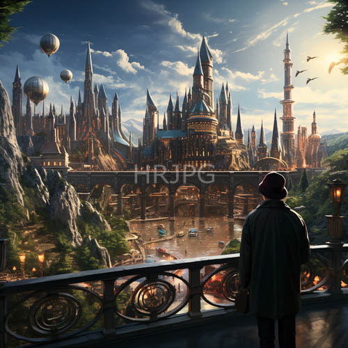medieval castle cityscape from elevated balcony amidst majestic architecture