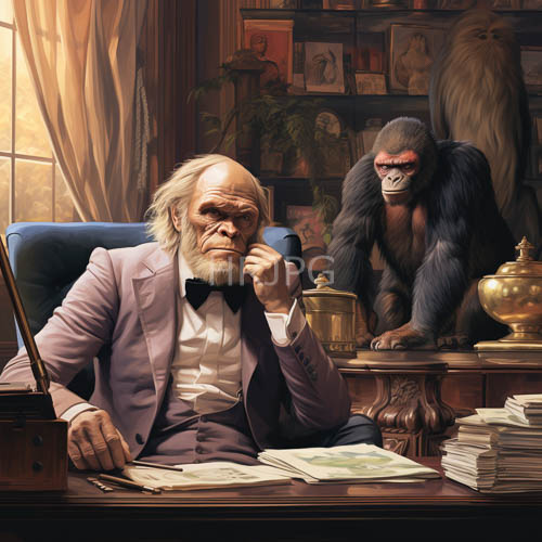 lavender jackets and wooden desks frame a pensive gorilla in libraries
