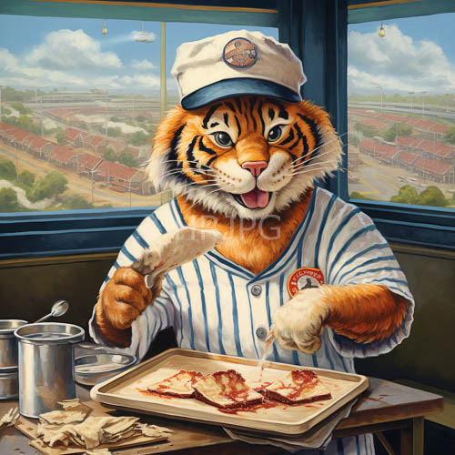 tigers in striped baseball uniforms eat breakfast in suburban diner settings