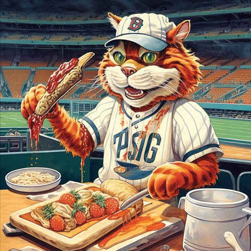 feline sports enthusiasts enjoy saucy stadium snacks under flickering stadium lights