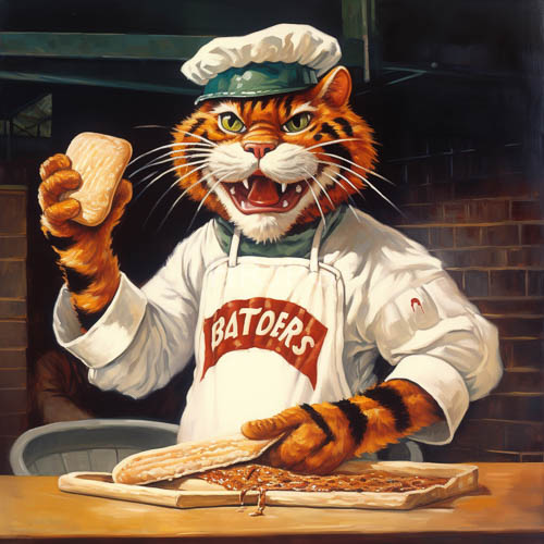 High Resolution: Anthropomorphic tiger bakers in industrial kitchen settings display culinary pride and mastery download. | HRJPG.com