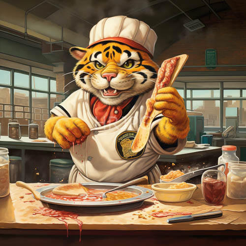 tiger chefs in crisp white uniforms expertly slice bread amidst bustling kitchen chaos