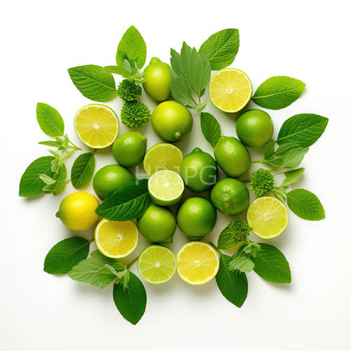 High Resolution: Fresh greenandyellow lemons on white backgrounds amidst florallike patterns download. | HRJPG.com