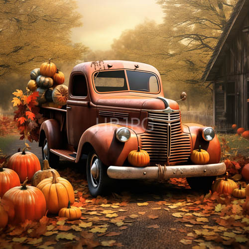 rusted vintage pickup trucks amidst autumn leaves and rustic wooden barns under twilight