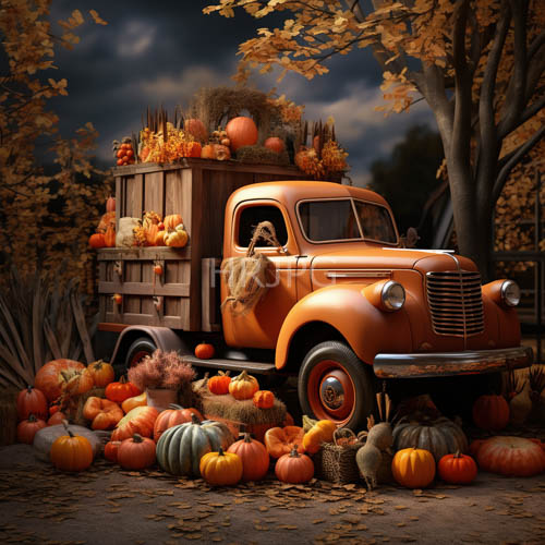 classic truck amidst autumn leaves with pumpkins wooden crates and hay bales on a rural farmstead