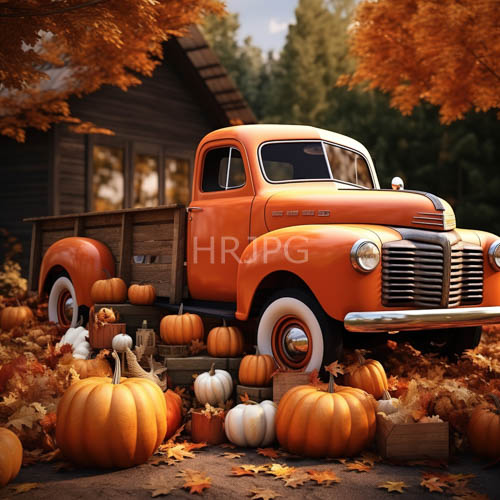orange vintage pickup basks in rich light amidst foliage and gourds in rustic setting