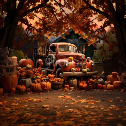 autumnal orange hued truck amidst gourds and pumpkins under fading orange foliage and rustic cottage