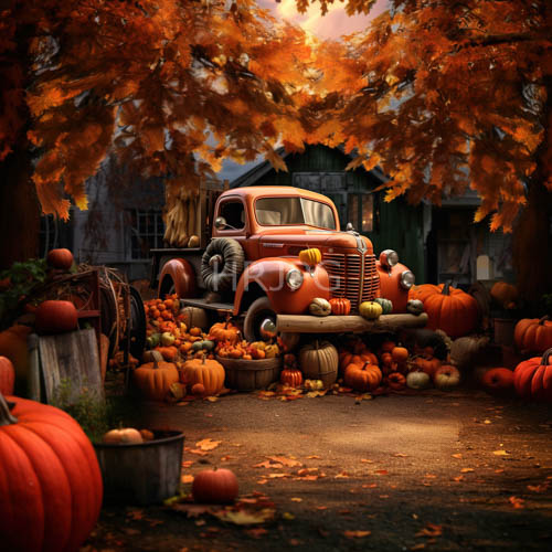 High Resolution: Weathered Orange Truck Amidst Pumpkin Display Under Fading Sunset Glow on Rustic Dirt Path download. | HRJPG.com