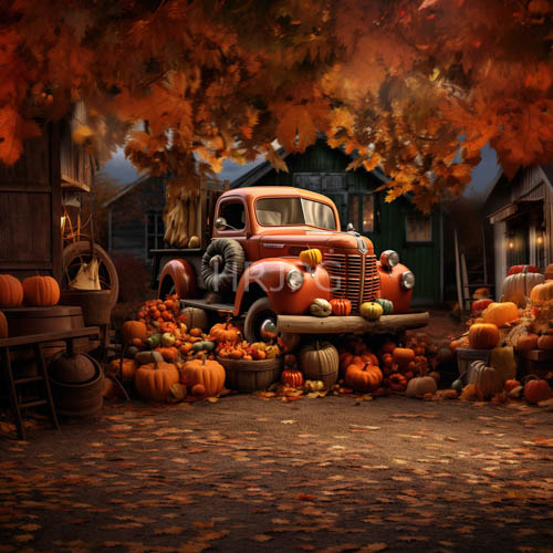ornate wooden buildings frame orange vintage truck amidst harvested pumpkins and forest canopy