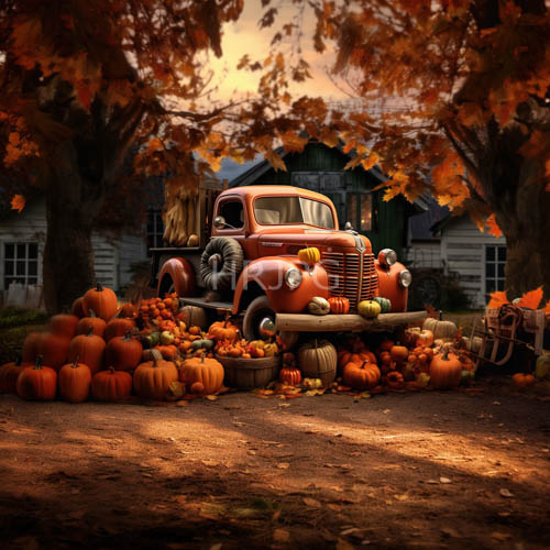 sunsets fading glow illuminates orange truck amidst charming wooden homes and amber leaves