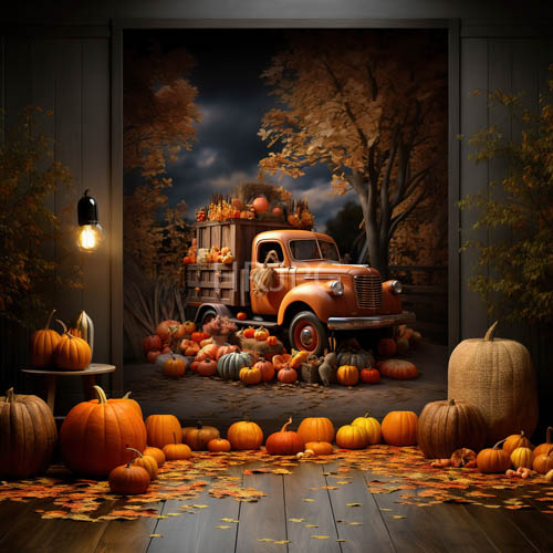 High Resolution: Rusted Orange Truck Displayed with Harvest Gourds on Rustic Timber Flooring in Cozy Autumn Setting download. | HRJPG.com