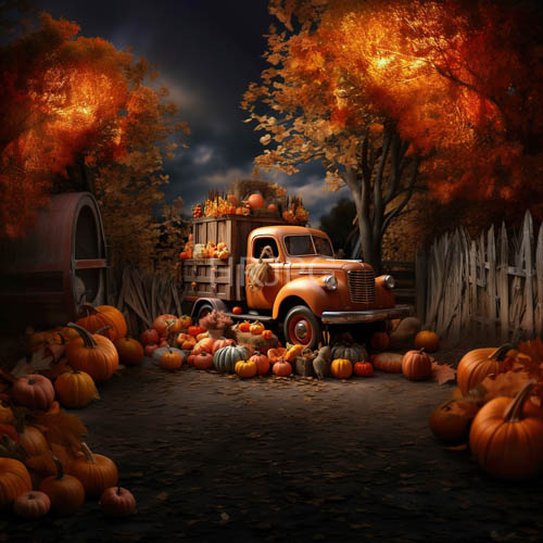 autumnal harvest with vintage rustorange truck and pumpkins in a rustic setting