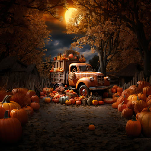 vintage orange truck amidst autumnal forest canopy with jackolanterns and leaves
