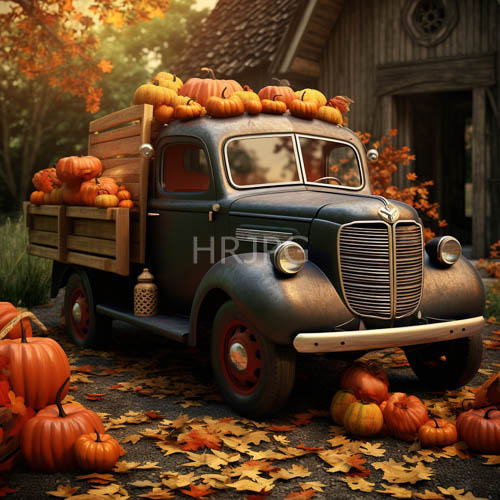 rustic wooden barns stand among autumnal trees and vintage truck frames