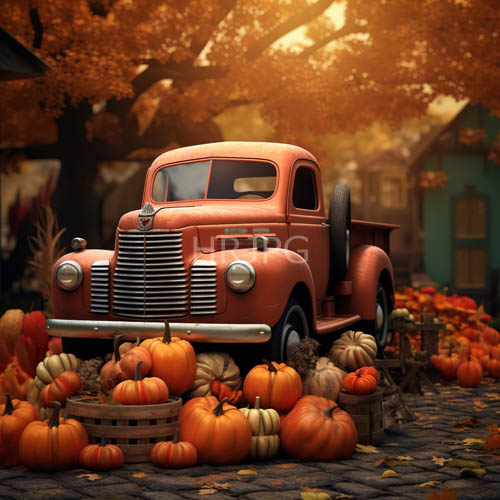 orange pumpkins surround vintage pickup trucks parked near green houses
