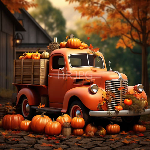 High Resolution: Abundant farm produce fills vintage truck beds beneath fall foliage download. | HRJPG.com