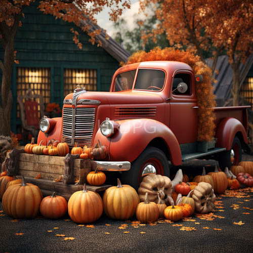 faux orange foliage and decorative pumpkins accent rust red pickup trucks