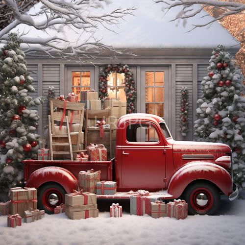 snow laden pine trees frame red trucks packed with christmas presents