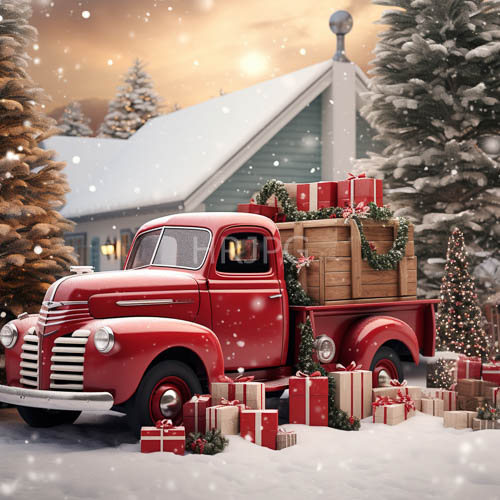 High Resolution: Snowy winter garlands entwine antique red trucks under sunset skies download. | HRJPG.com
