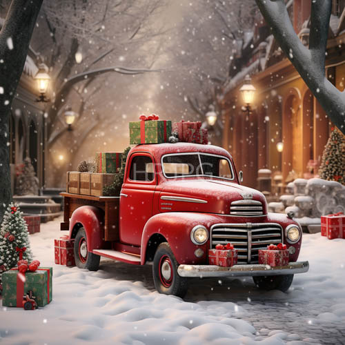 wrapped gifts fill antique red pickup beds along snowy streetscapes