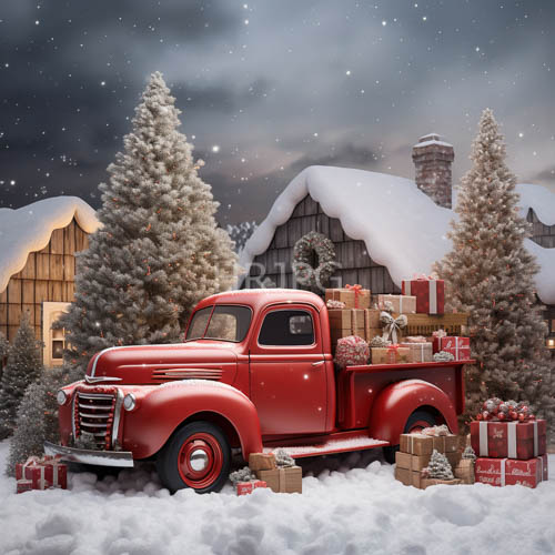 starry night skies shine over antique red trucks overflowing with gifts