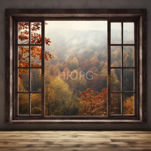 High Resolution: Large wooden windows frame multicolored autumn foliage stretching into distance download. | HRJPG.com