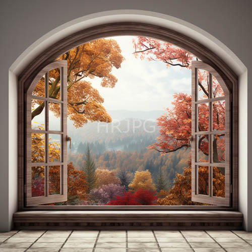 arched glass panes showcase autumn leaves against misty mountain peaks