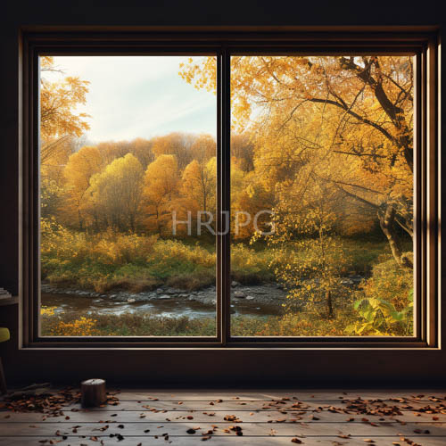 warm interior wooden flooring extends toward vibrant autumn forest views