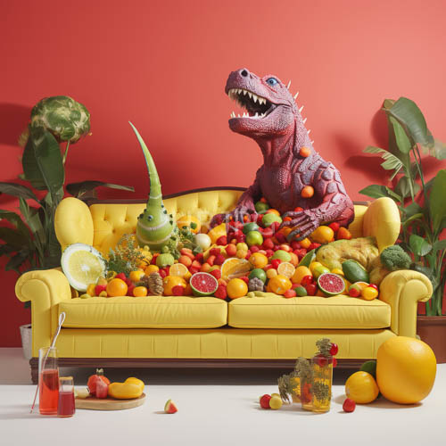 High Resolution: Yellow tufted sofa cushions back fresh fruit arrangements on vibrant red download. | HRJPG.com
