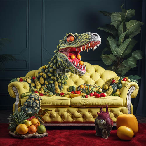 realistic dinosaur head scales emerge from fruit covered furniture textures