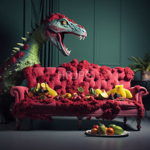 velvet couch framed with fruit and dinosaur in teal walled setting