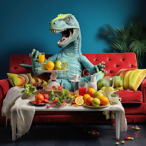 High Resolution: Surrealistic Room Features Anthropomorphic Green Dinosaur Enjoying Fruit Feast download. | HRJPG.com
