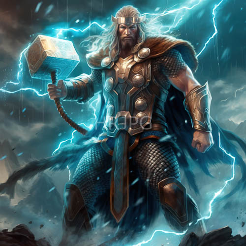 norse god wields hammer against turbulent stormy skies with fiery electric lightning bolts