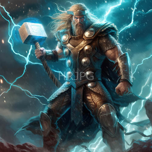 mjolnirwielding bearded hero stands firm against lightningsplashed stormy skies