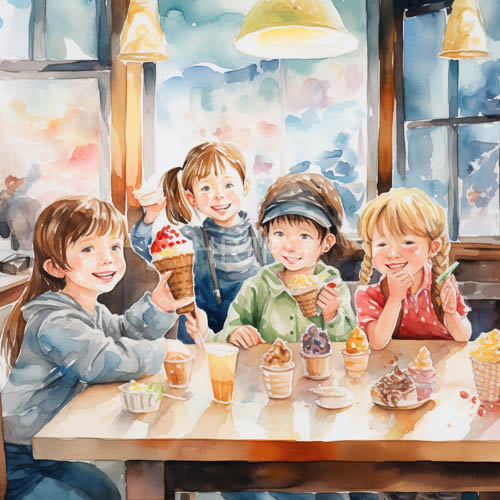 warm pendant lights shine over children eating colorful ice cream sundaes