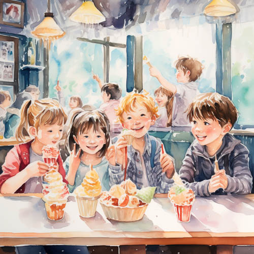 diverse hair colors frame children enjoying ice cream sundaes in shops
