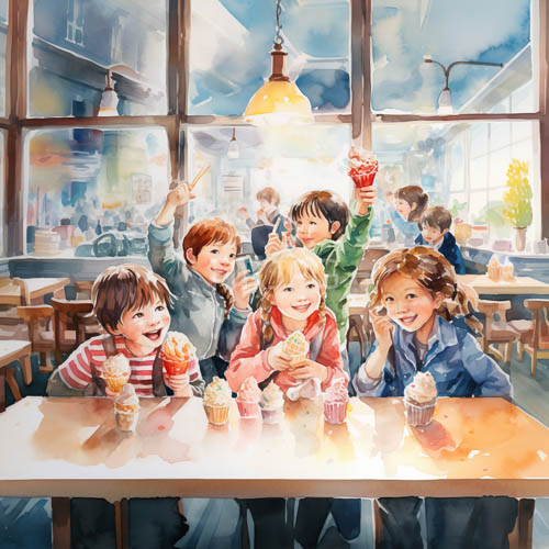 laughter fills spacious cafes as children share colorful ice cream sundaes