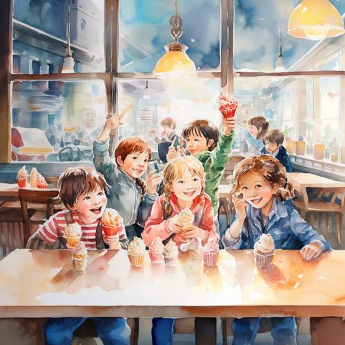 multicolored sweaters brighten wooden tables lined with ice cream sundaes