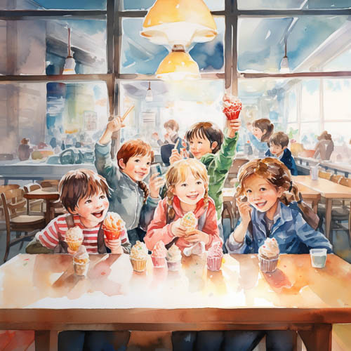 cozy cafe interiors host children enjoying chocolate and strawberry sundaes