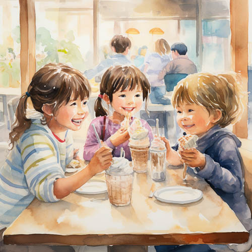 bright sunlight illuminates children eating ice cream at outdoor tables
