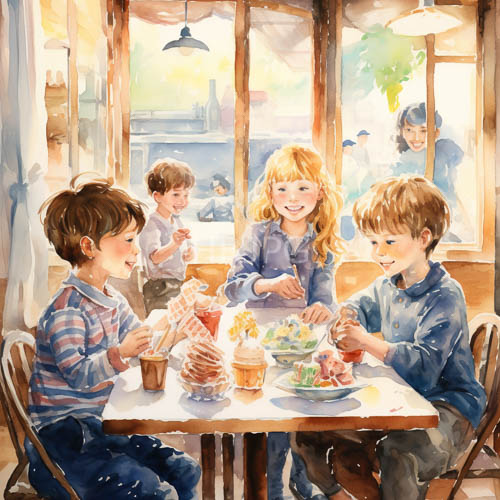High Resolution: Four children enjoy pancakes and morning drinks at outdoor cafe tables download. | HRJPG.com