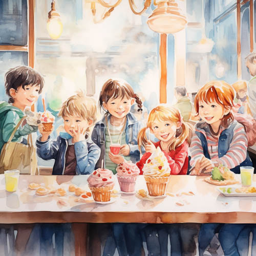 pink frosted cupcakes rest on outdoor cafe tables before smiling children