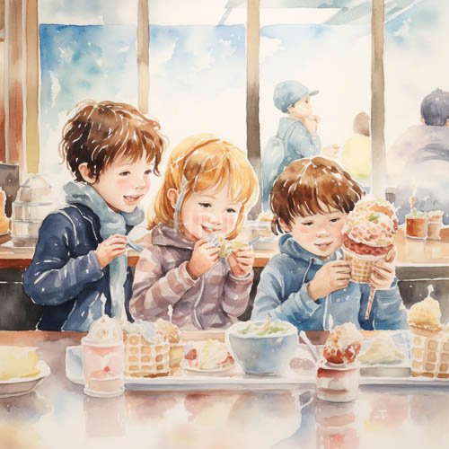 children share bowls of ice cream together in peaceful outdoor settings
