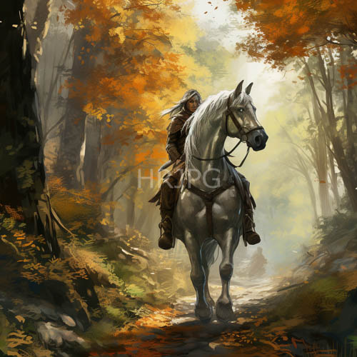 High Resolution: Autumnal Forest with Hooded Rider and Majestic White Horse download. | HRJPG.com
