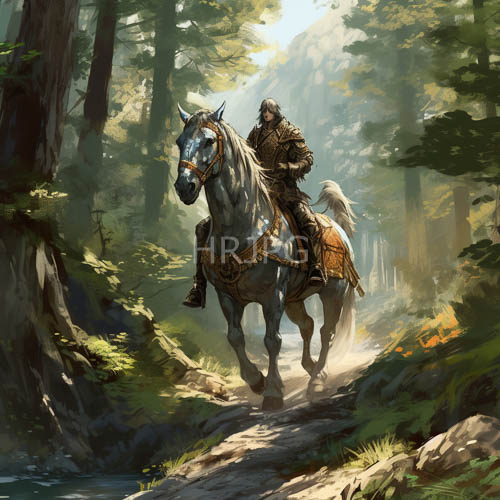markings on white horse stand out against sunlit forest path under lush green canopy