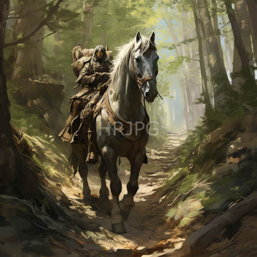 medieval warriors ride regal horses through sunlit forest glades of ancient trees