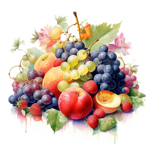fruit harvest watercolor of abundant apples and grapes in natural setting