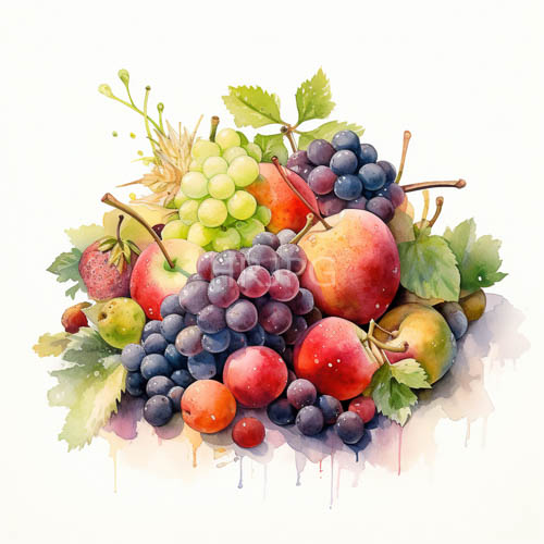 fruitful abundance in varied textures and dazzling earthtoned watercolor palette