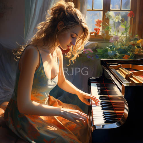 floraladorned windows filter sunlight onto a woman in an orange floral dress playing piano