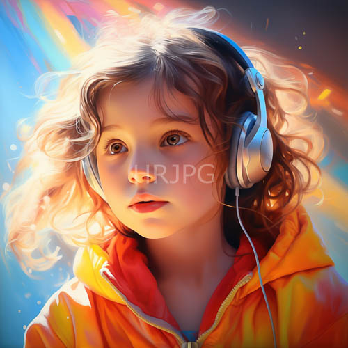 curlyhaired blonde girl in vibrant orange hoodie surrounded by sunlit colorful light streaks